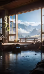 a room with a view of the mountains from outside