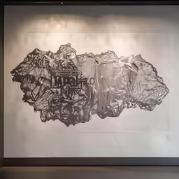 a painting hanging on the wall with a lot of rocks below it