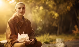 a woman sitting on the ground with some paper towels