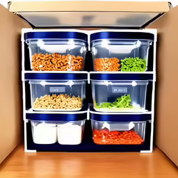 plastic containers are filled with various ingredients and snacks