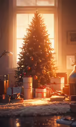 a living room with a christmas tree in the center