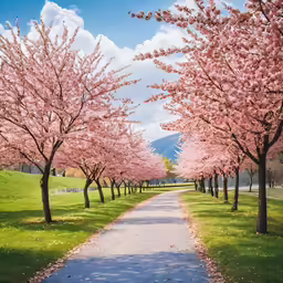 a long path leading down to several trees lined with pink blossoms