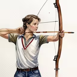 a woman with a bow and arrow, watercolor on paper,a woman holding onto a bow and looking into the camera