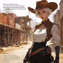a woman in cowboy attire standing by a town street