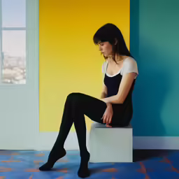a young woman sitting on a white box