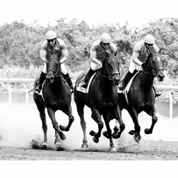 three jockeys ride horses on a track
