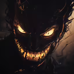 an evil face with glowing eyes and hair