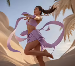 a girl with her arms spread with the hair flying by