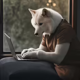 a person in a dog mask sitting at a laptop