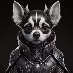 a dog dressed in silver and black leather, wearing a mechanical outfit