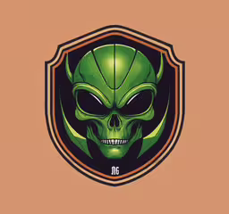 an alien emblem is seen on the back of a shirt,a green skull is displayed in the shape of a shield