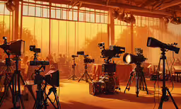a room with cameras and equipment, in front of a window,an outdoor movie studio is illuminated by the sun and surrounded by camera equipment