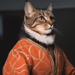 a close up of a cat with an orange top