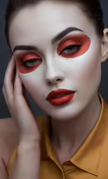 a woman with red makeup and orange accessories