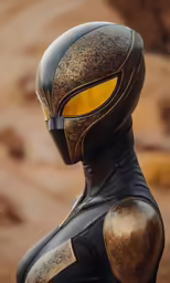 the helmeted, golden - and - black alien is facing the left