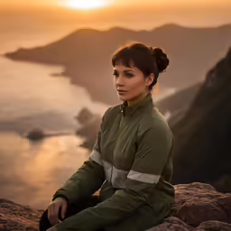 a beautiful young lady sitting on top of a rock next to the ocean