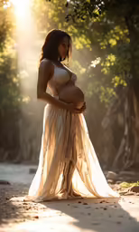 a pregnant girl wearing a beige gown stands in front of trees