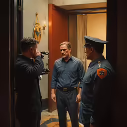 three men in black work their selfs in a hotel hallway