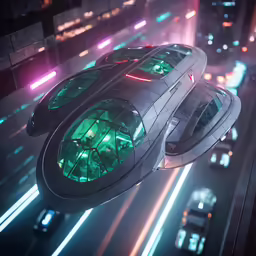 an alien ship floating in a city at night