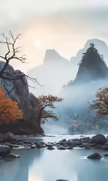 an autumn scene of rocky mountains and lake