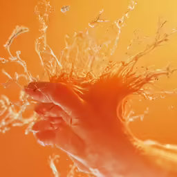 a hand reaches for water droplets in the orange background