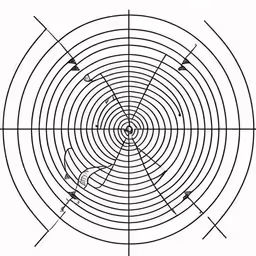 a diagram showing how the focals of a spherical object look,a circular design with lines coming from it,the cross section of a round object that is shown in black and white,an intersection is shown with arrows pointing inwards to the center,the center of an intersection in the middle of the circle is equal
