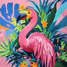 a colorful flamingo standing in front of palm trees and flowers