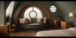 a large circular window in a room with a bench and table