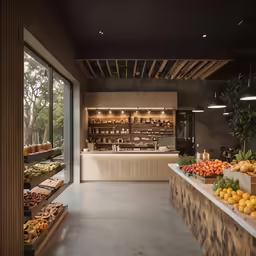 a bakery is shown with a bar lined up