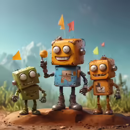 four funny looking characters with many faces standing on dirt