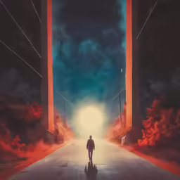a man standing on top of a street at night