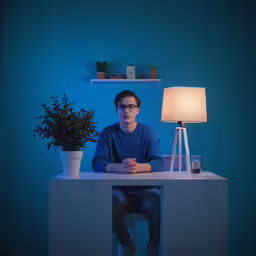 man sitting at a desk in front of some plant on shelves