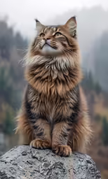 a very long haired cat with its eyes wide open sitting on a rock