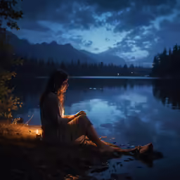 a woman sitting on top of a grass covered field next to a lake