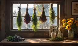 several dried flowers hanging by an open window