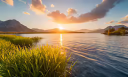 a picture of a lake with some water and grass