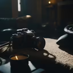 an old film camera on a table next to a candle