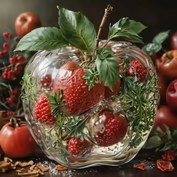 a still life of some kind of apple with leaves and strawberries
