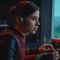 a young woman with headphones using her computer