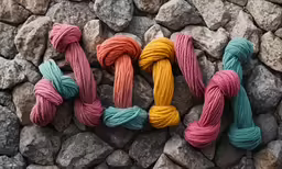 several skeins of colorful colored yarn sitting on rocks