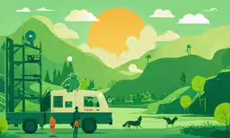 a green and white van is driving by a mountain with animals,an illustration of two men standing in front of a van