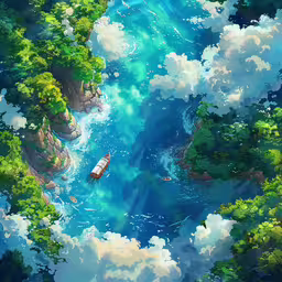 a digital painting of some boats on a river,an illustrated view of clouds and boats in the water
