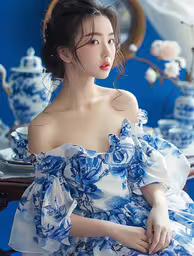 an attractive young asian woman in a blue and white dress,a very nice asian lady posing for a picture