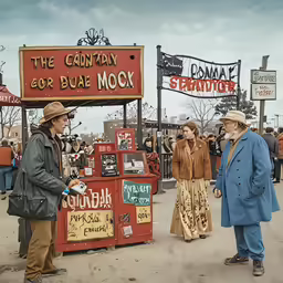 several people standing around a carnival booth with many signs in the background