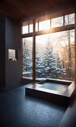 the bathtub is located in front of the large window