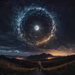 a man walking away from a dark and stormy sky