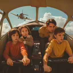 three young boys and an older boy sit inside a plane