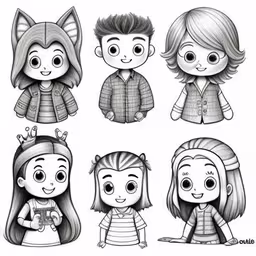 an illustrated picture of some people with cat ears,some little girl and boy cartoon heads