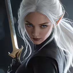 a woman wearing a black dress holding a sword