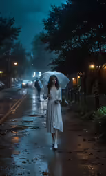 a woman holding an umbrella while standing on the sidewalk